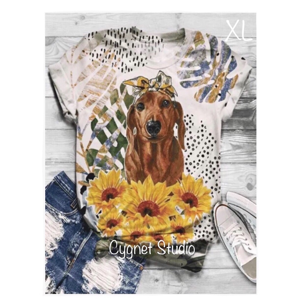Sunflower Dachshund Dog Short Sleeve T-Top ~ XL